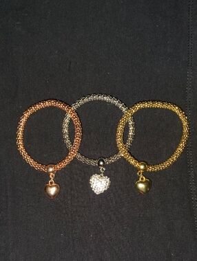 Gold, Rose Gold & Silver Heart Charm Stretch Bracelets